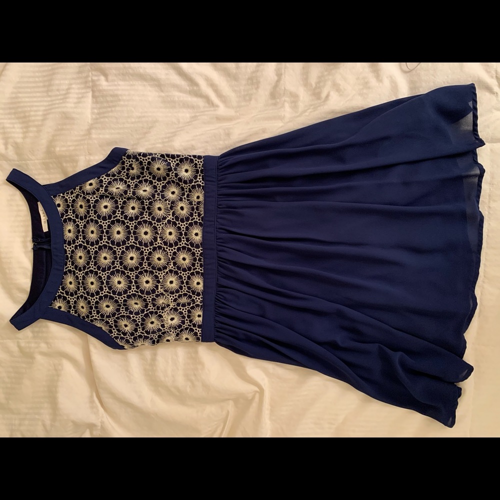 Blue silk + gold appliqué cocktail dress
